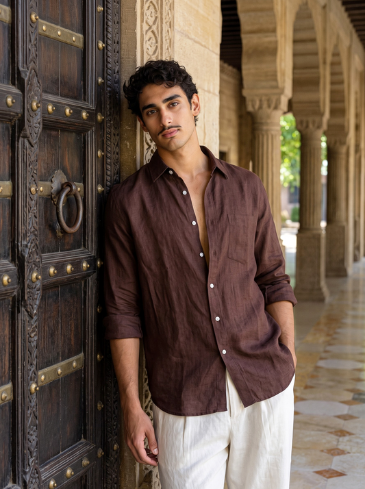 Griffyn coffee brown pure linen shirt