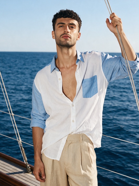 Griffyn sky blue and white color-block linen shirt