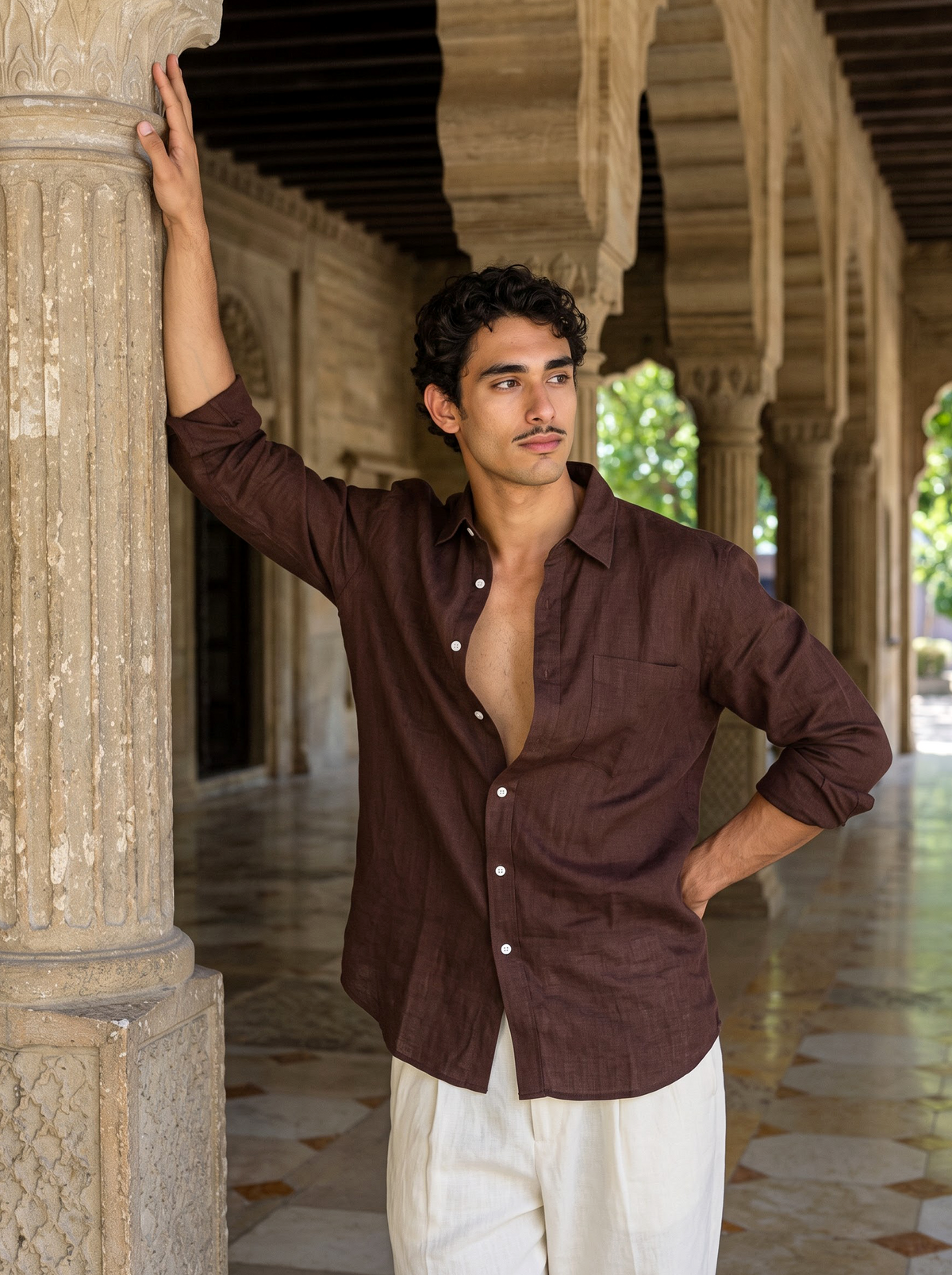 Griffyn coffee brown pure linen shirt - view 3