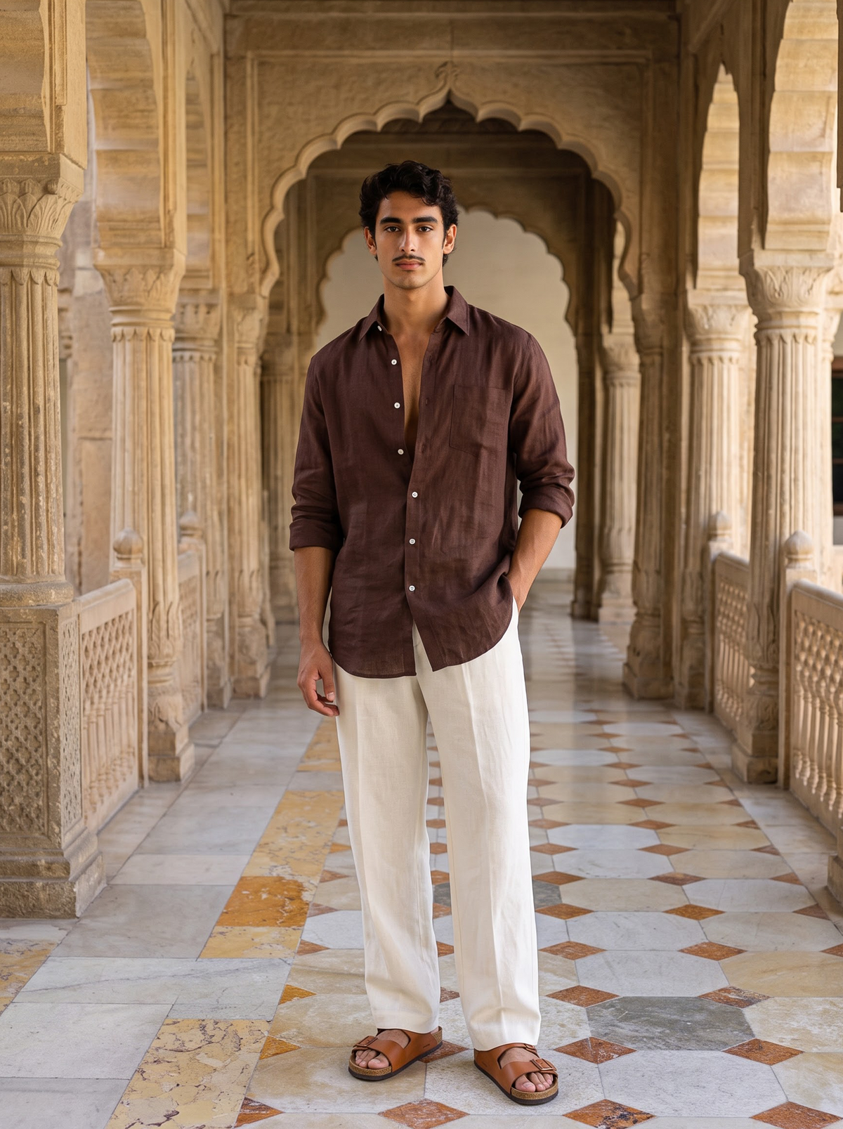 Griffyn coffee brown pure linen shirt - view 4