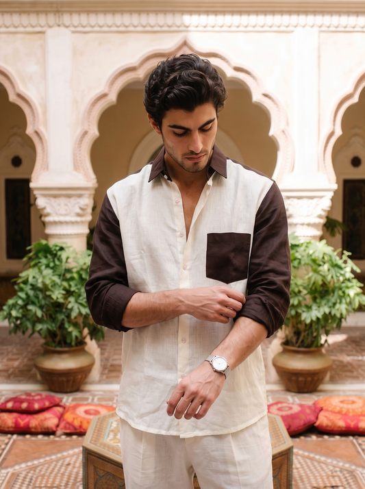 Griffyn coffee brown and off white color-block linen shirt