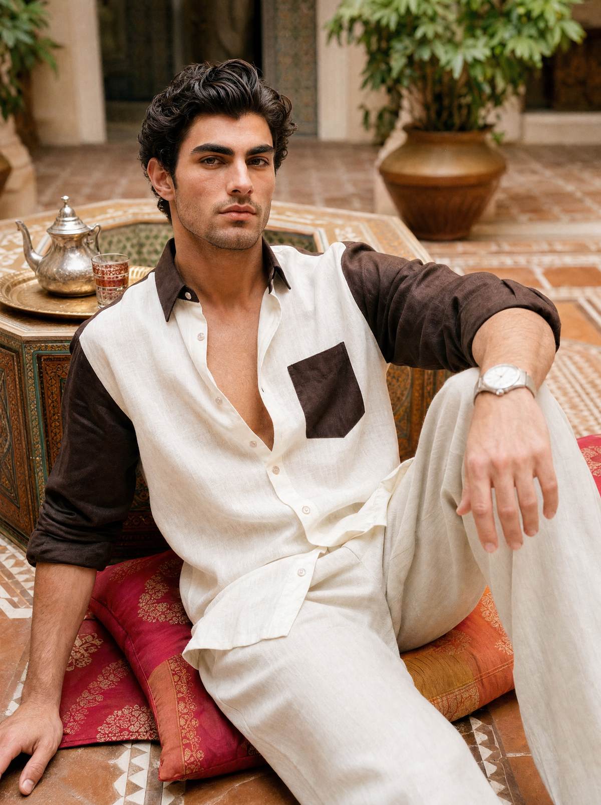 Griffyn coffee brown and off white color-block linen shirt - view 3