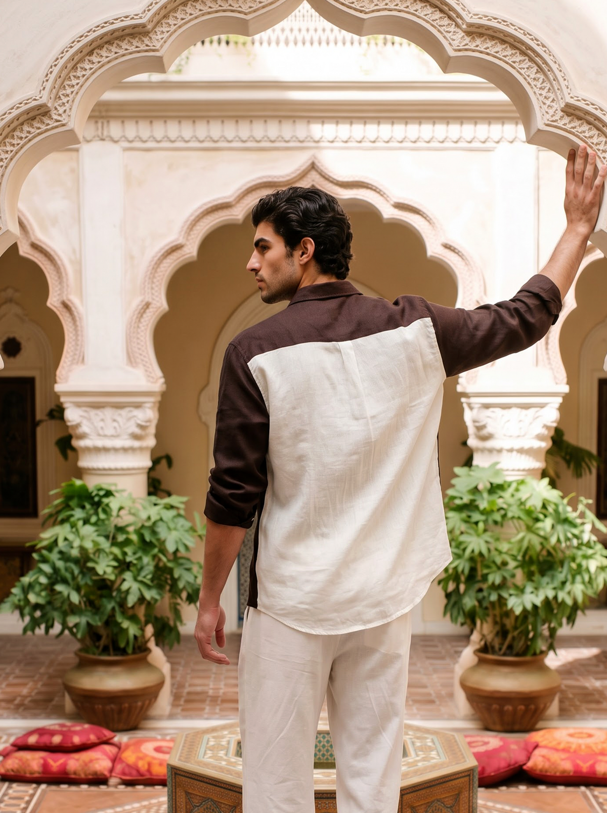 Griffyn coffee brown and off white color-block linen shirt - view 4