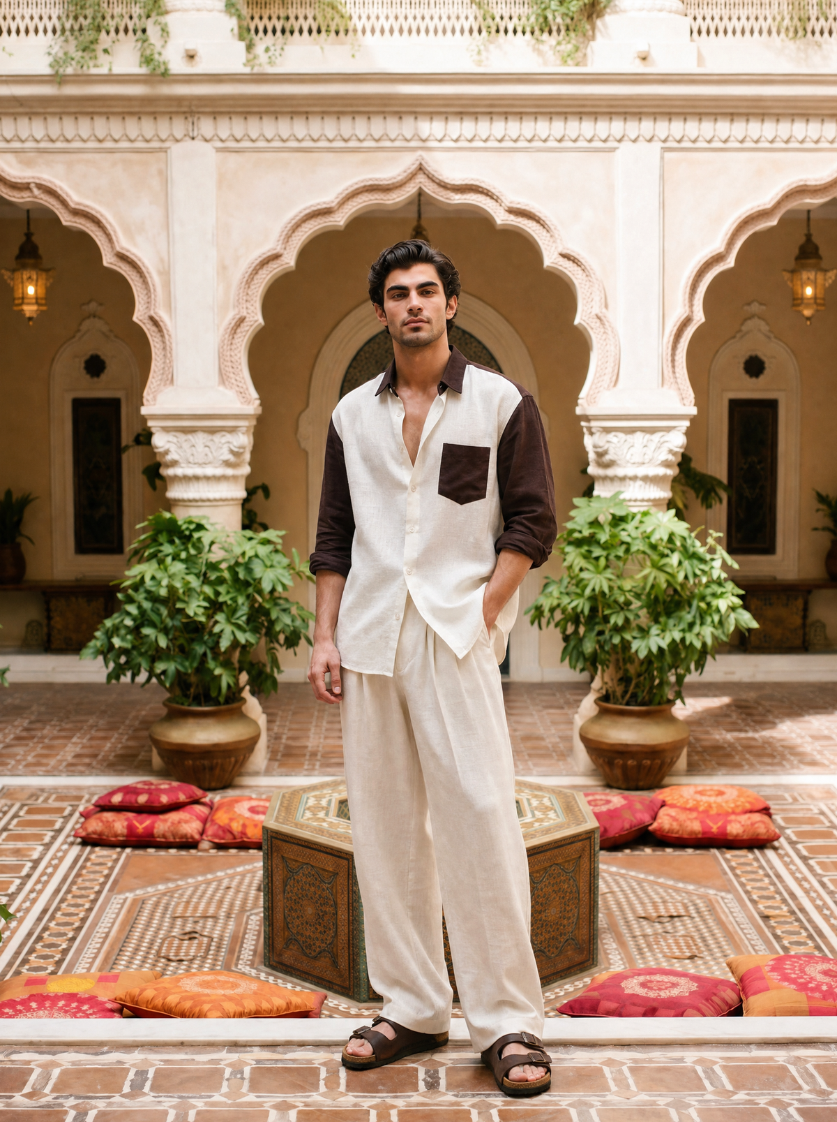Griffyn coffee brown and off white color-block linen shirt - view 5