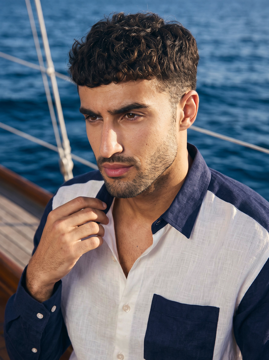 Griffyn navy blue and off white color-block linen shirt