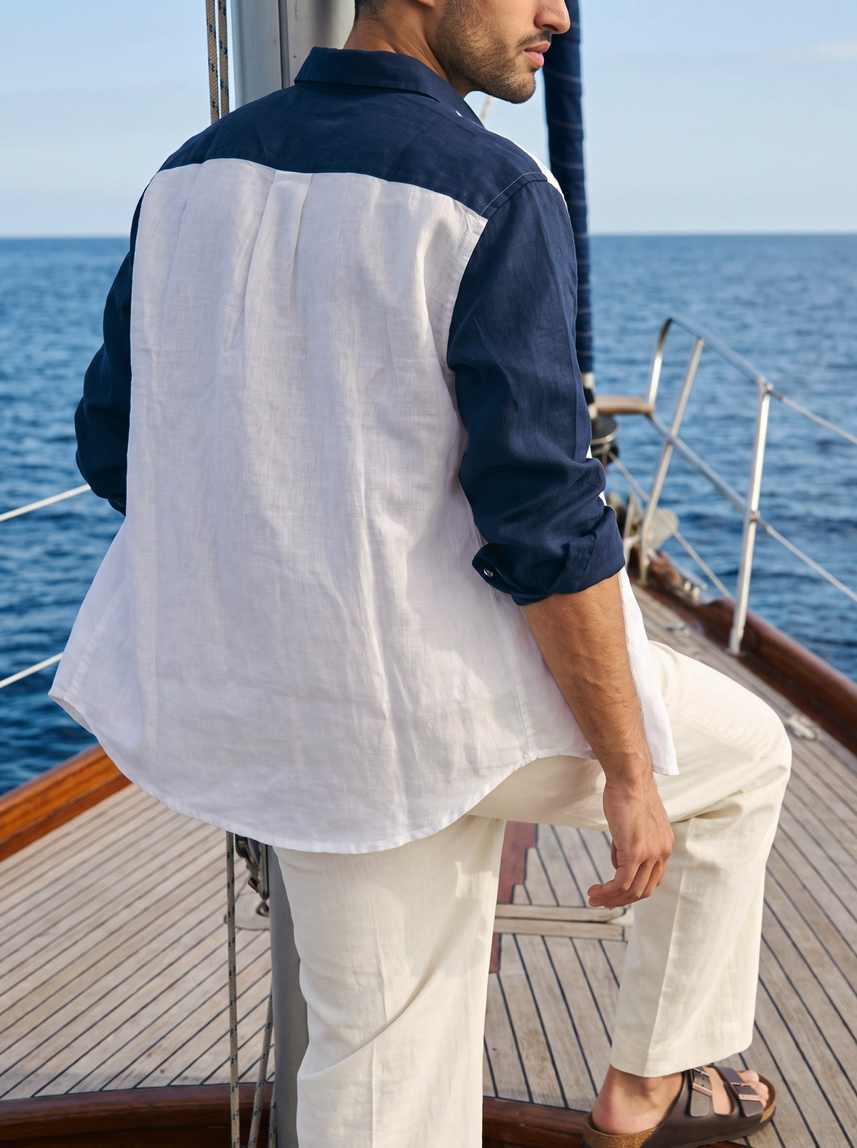 Griffyn navy blue and off white color-block linen shirt - view 2