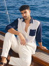 Griffyn navy blue and off white color-block linen shirt - view 3