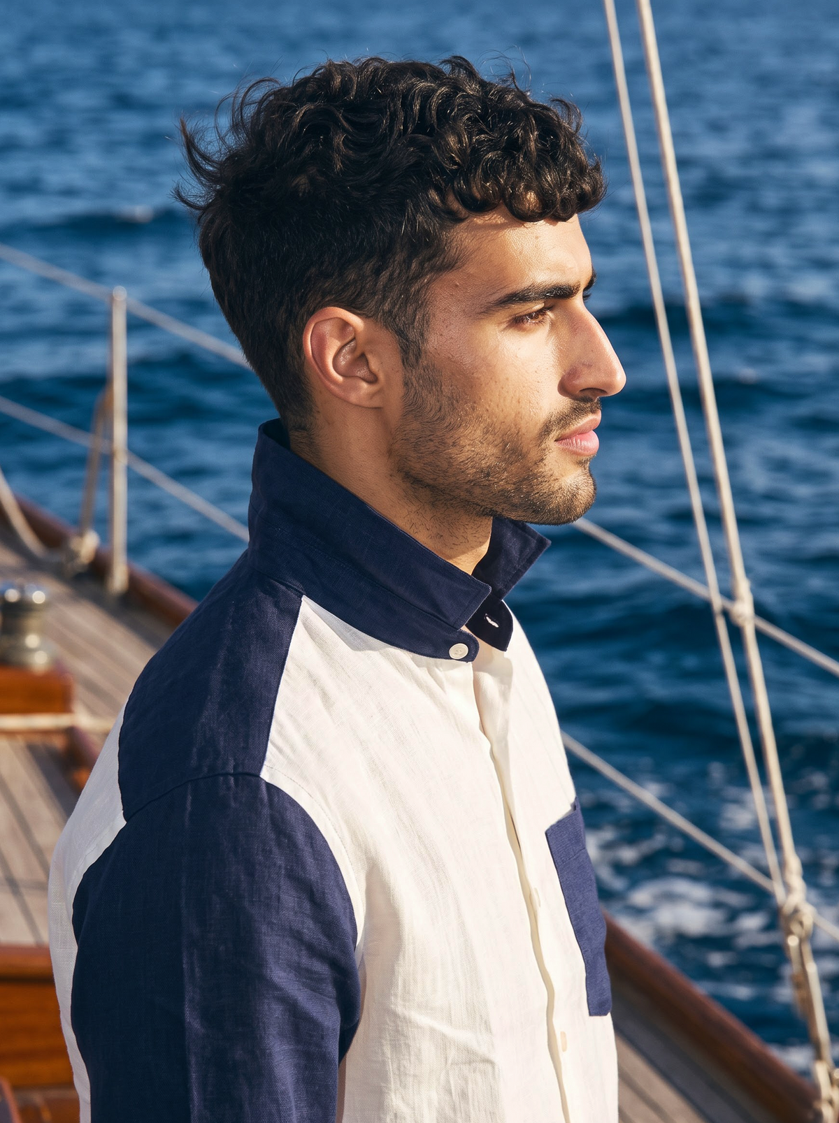 Griffyn navy blue and off white color-block linen shirt - view 4