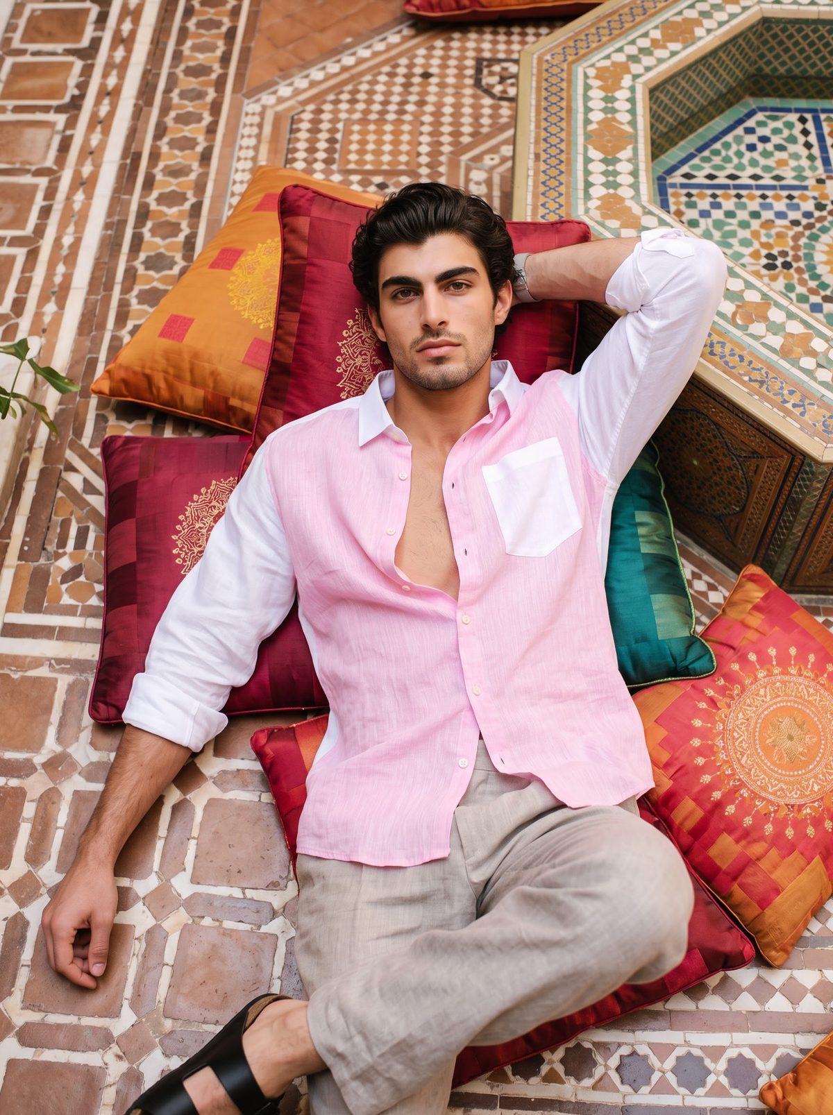 Griffyn pink and white color-block linen shirt