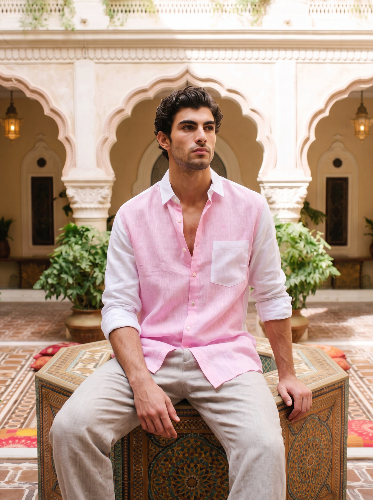 Griffyn pink and white color-block linen shirt - view 2