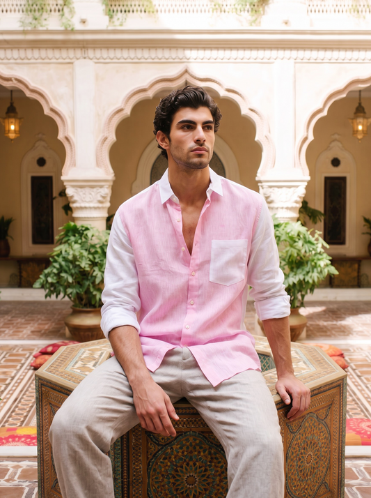 Griffyn pink and white color-block linen shirt - view 2