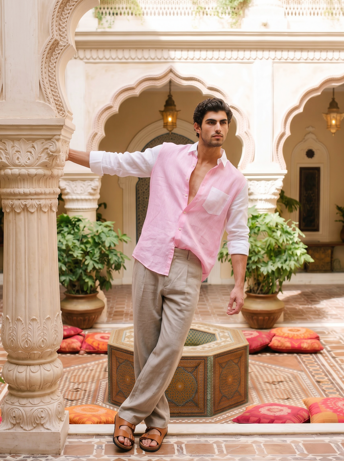 Griffyn pink and white color-block linen shirt - view 4