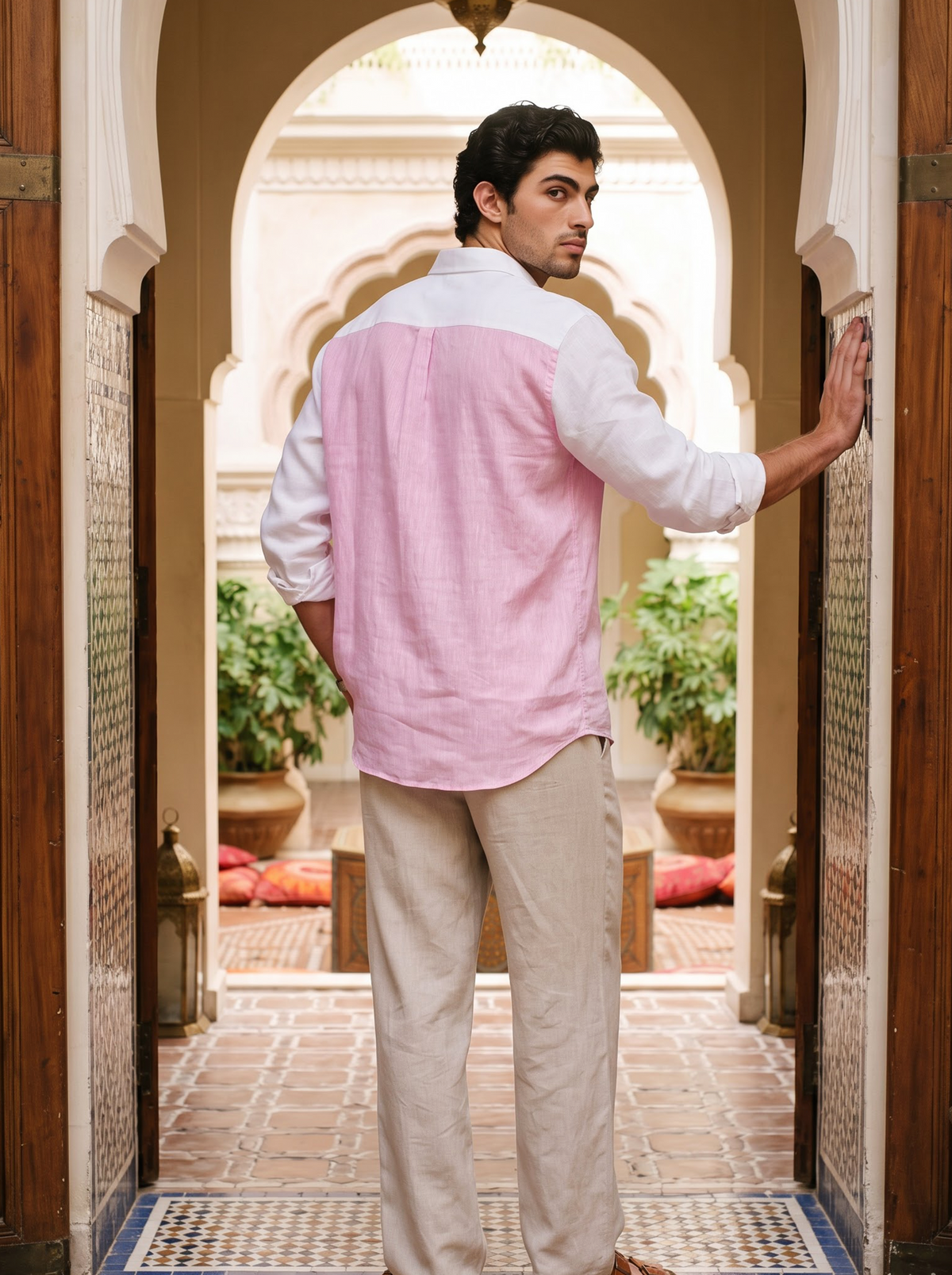 Griffyn pink and white color-block linen shirt - view 5