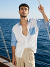 Griffyn sky blue and white color-block linen shirt