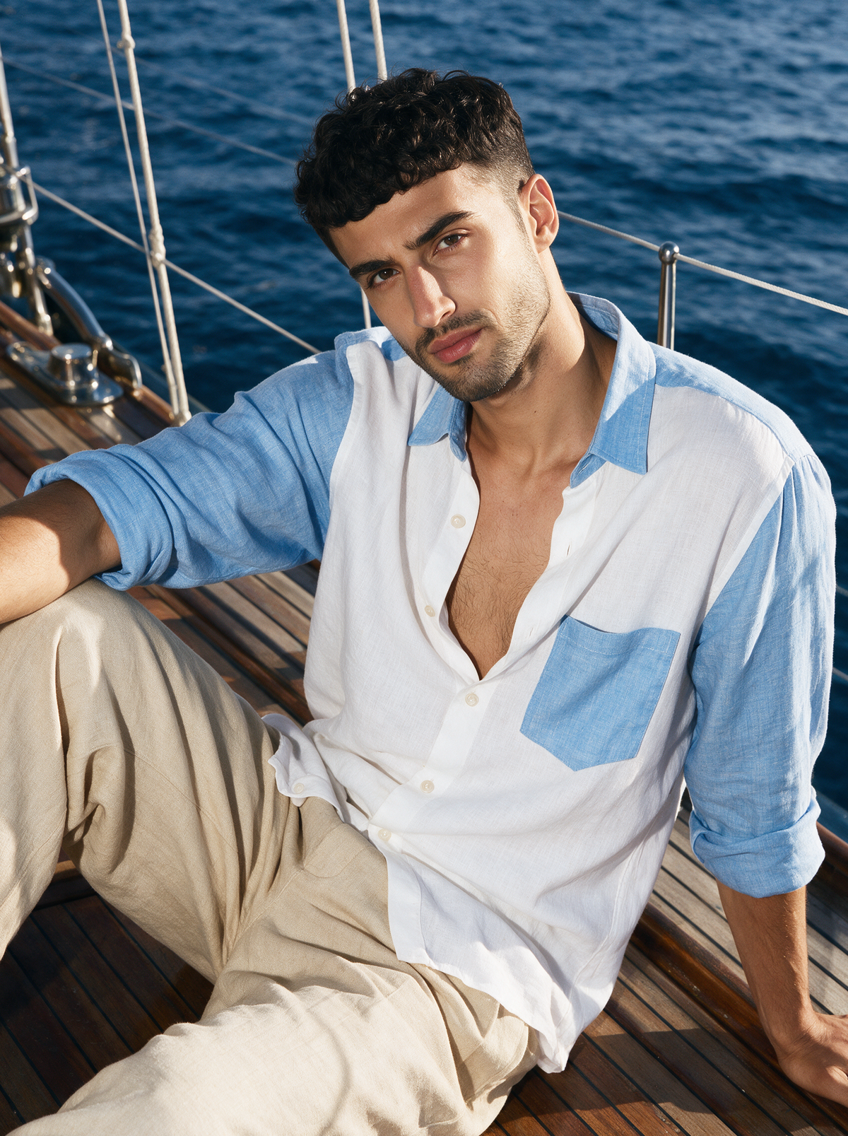 Griffyn sky blue and white color-block linen shirt - view 5